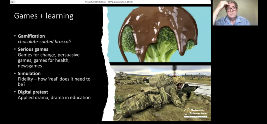 Zoom presentation with presenter in top right corner and images of a chocolate-coated broccoli and a soldier in combat.